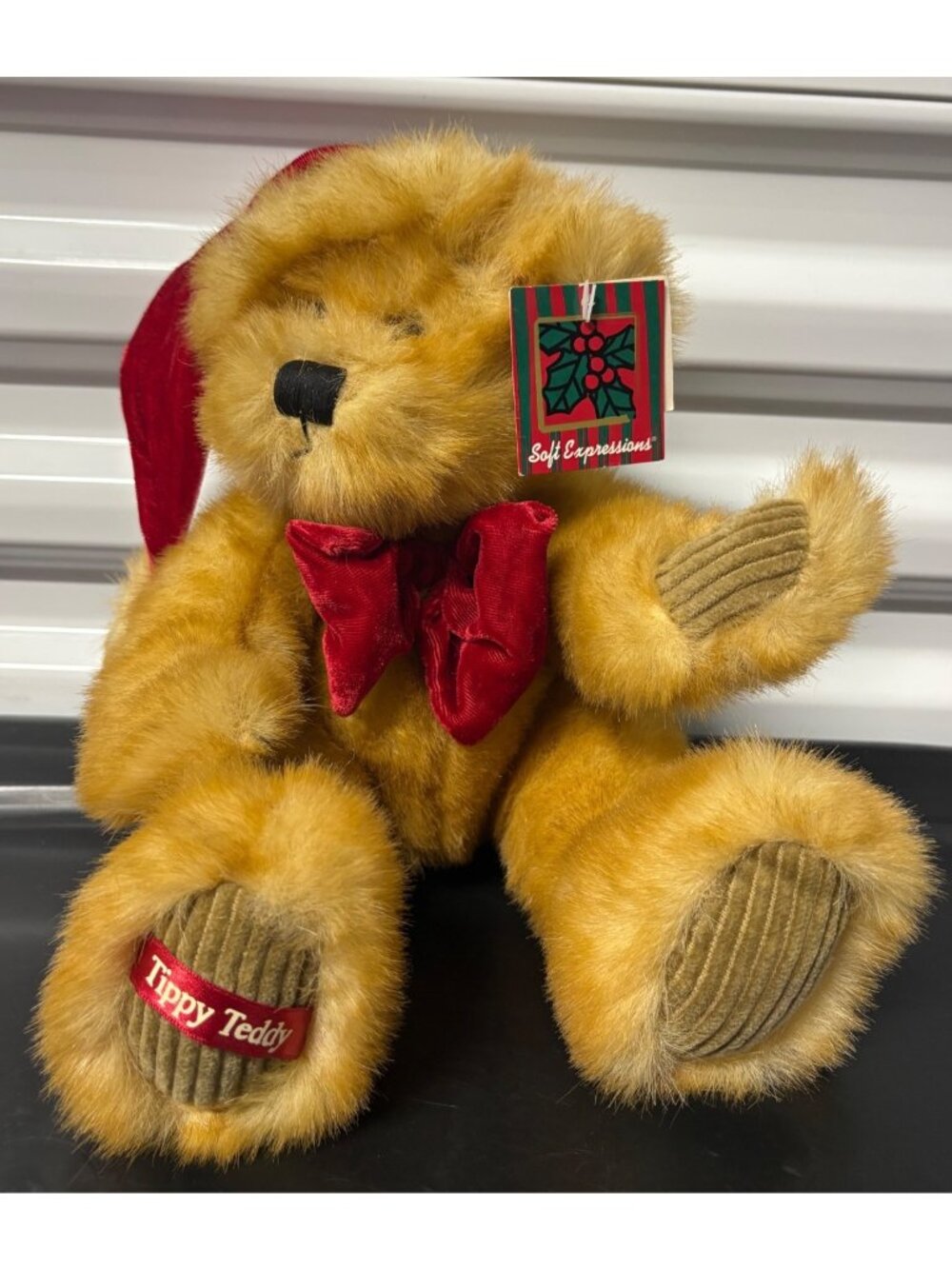 Vintage Dan Dee Tippy Teddy Sitting Christmas Plush Bear Stuffed Animal Red Bow